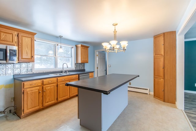 kitchen featuring sink, baseboard heating, a notable chandelier, a kitchen island, and appliances with stainless steel finishes