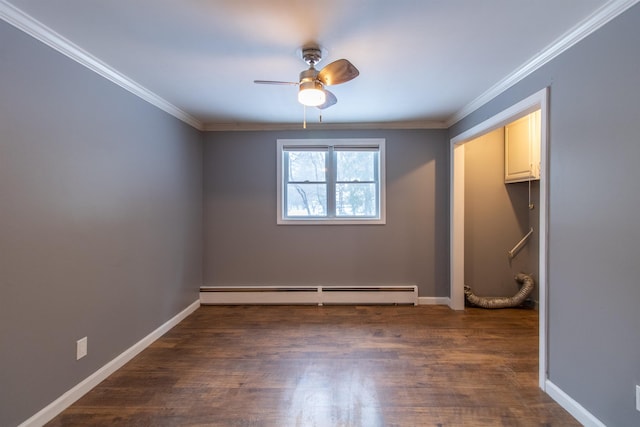 empty room featuring ceiling fan, dark hardwood / wood-style flooring, crown molding, and a baseboard radiator