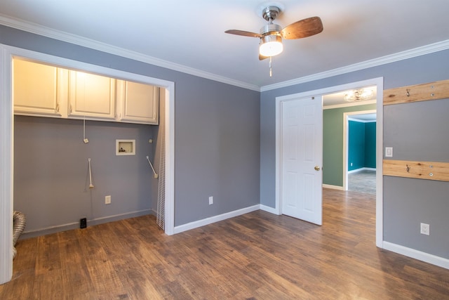 laundry room with cabinets, dark wood-type flooring, hookup for a washing machine, ceiling fan, and ornamental molding