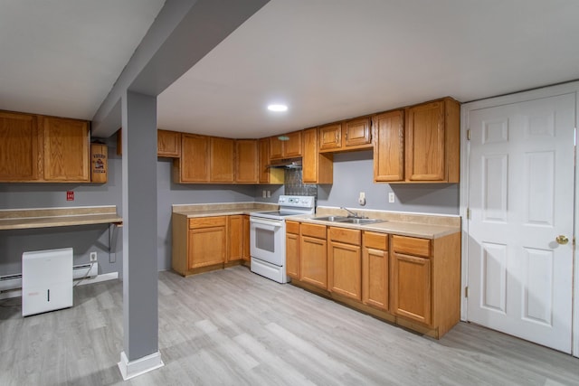 kitchen featuring electric stove, sink, light hardwood / wood-style floors, and a baseboard radiator