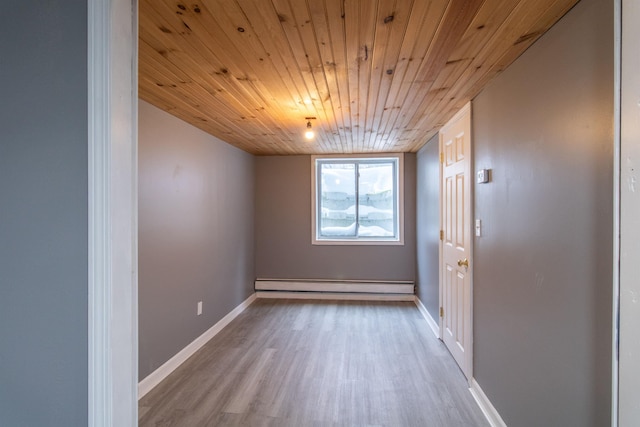 spare room with light hardwood / wood-style floors, wooden ceiling, and a baseboard heating unit