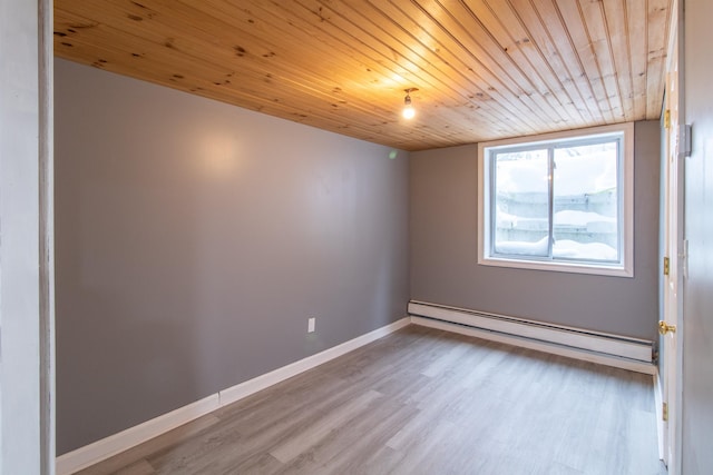 unfurnished room featuring light wood-type flooring, wood ceiling, and a baseboard radiator