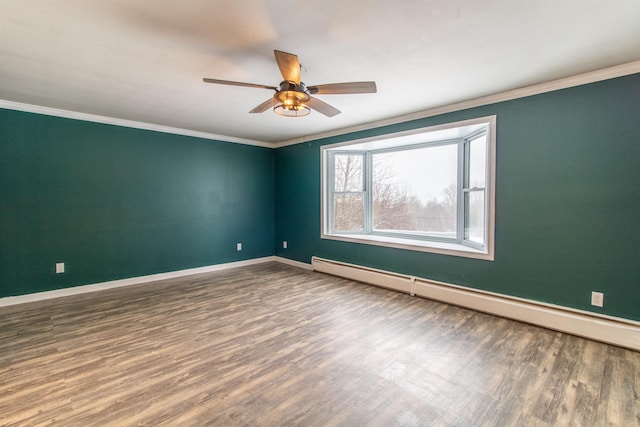 unfurnished room featuring a baseboard radiator, hardwood / wood-style flooring, crown molding, and ceiling fan