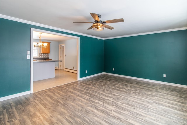 unfurnished living room with crown molding, a baseboard radiator, ceiling fan with notable chandelier, and light wood-type flooring