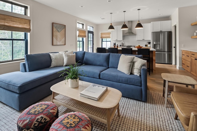 living room with light hardwood / wood-style flooring and sink