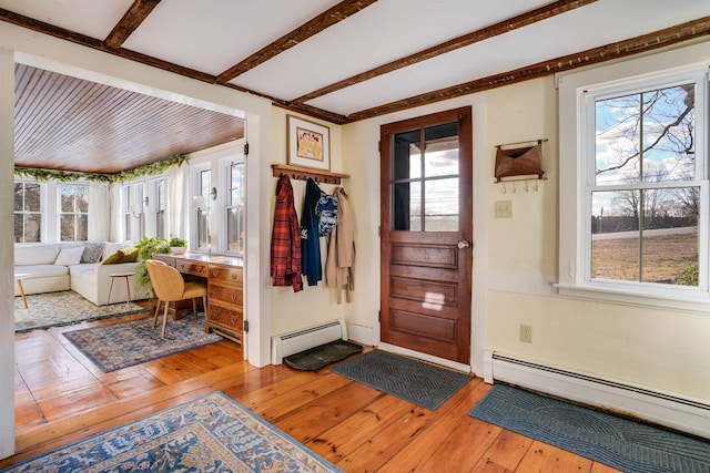 entrance foyer with wood-type flooring and a baseboard heating unit