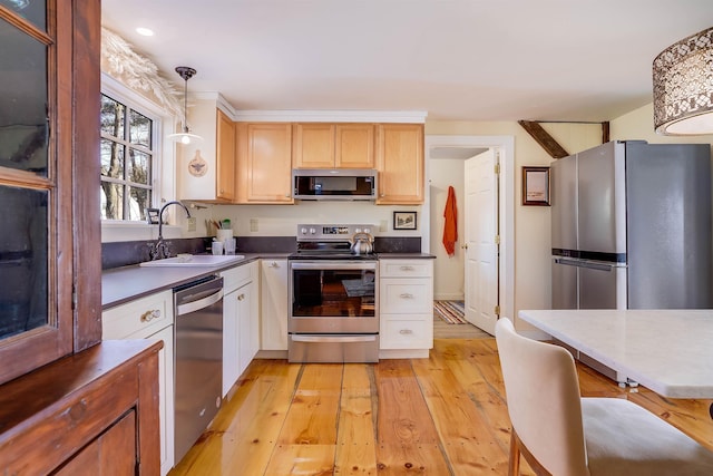 kitchen with sink, stainless steel appliances, decorative light fixtures, and light wood-type flooring