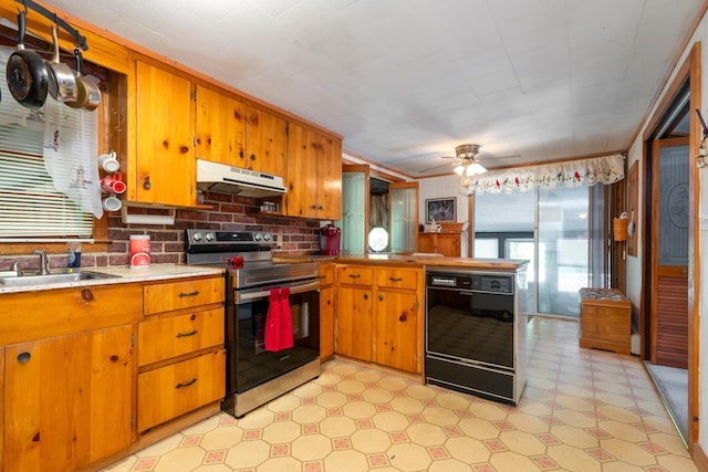 kitchen featuring stainless steel electric stove, sink, ceiling fan, black dishwasher, and kitchen peninsula