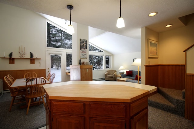 kitchen featuring pendant lighting, a center island, lofted ceiling, carpet flooring, and baseboard heating