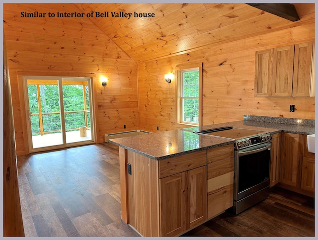 kitchen featuring lofted ceiling, dark stone counters, stainless steel range with electric stovetop, a baseboard heating unit, and kitchen peninsula