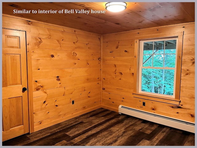 unfurnished room with wood ceiling, a baseboard radiator, dark wood-type flooring, and wood walls