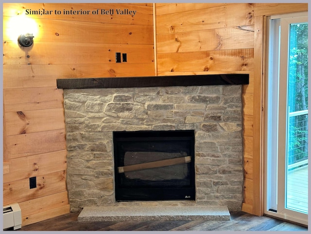 details with hardwood / wood-style flooring, wooden walls, and a fireplace