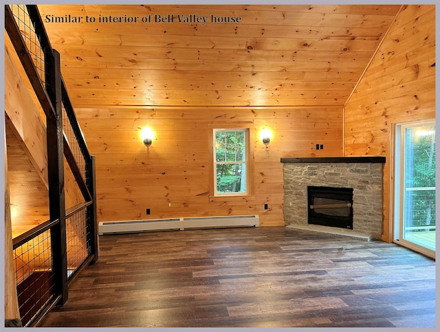 unfurnished living room featuring a stone fireplace, dark hardwood / wood-style floors, wooden walls, a baseboard radiator, and lofted ceiling