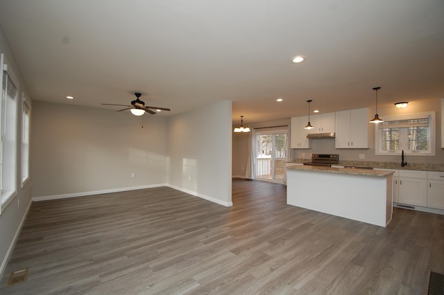 kitchen featuring hardwood / wood-style flooring, hanging light fixtures, white cabinets, ceiling fan with notable chandelier, and stainless steel electric stove