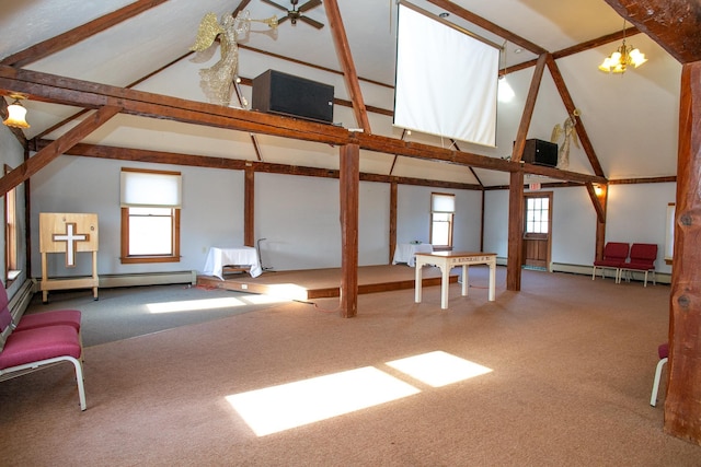 bonus room featuring beamed ceiling, carpet floors, high vaulted ceiling, and an inviting chandelier