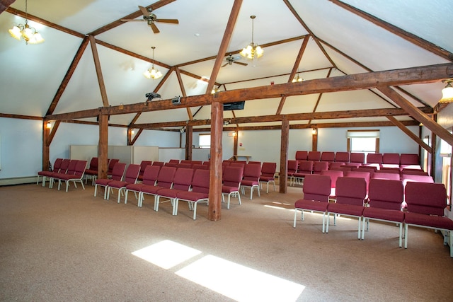 interior space featuring carpet, beam ceiling, high vaulted ceiling, and ceiling fan