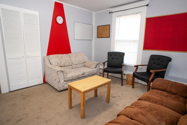 carpeted living room with a wealth of natural light and crown molding