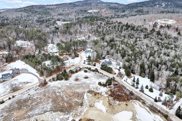 snowy aerial view with a mountain view