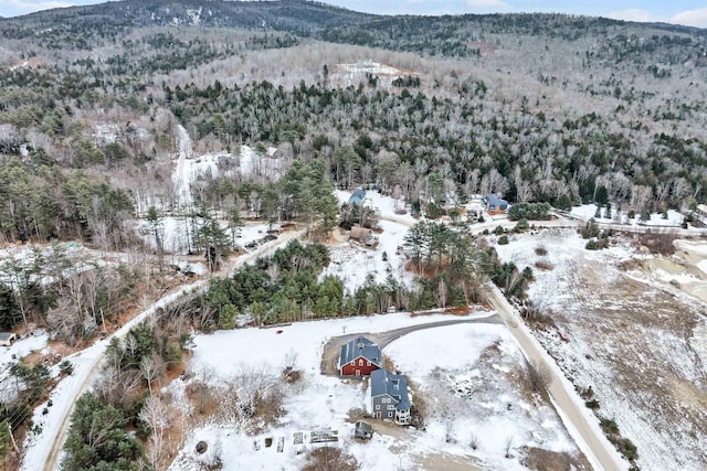 snowy aerial view featuring a mountain view