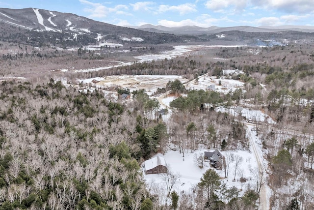 snowy aerial view featuring a mountain view