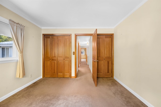 unfurnished bedroom featuring ornamental molding, light carpet, and a closet