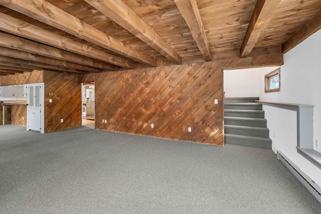 unfurnished living room featuring carpet flooring, wood ceiling, a baseboard radiator, beamed ceiling, and wood walls