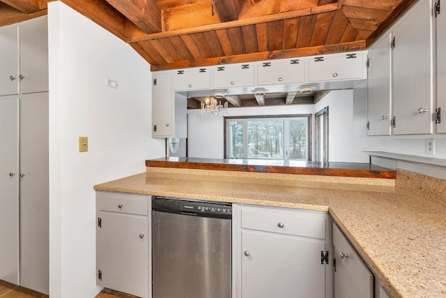 kitchen with wood ceiling, white cabinetry, stainless steel dishwasher, and light stone counters