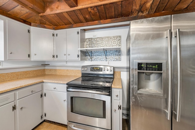 kitchen with wood ceiling, white cabinets, stainless steel appliances, and lofted ceiling