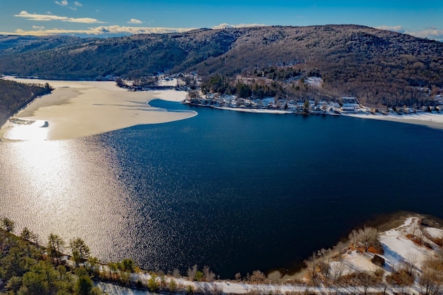 drone / aerial view featuring a water and mountain view