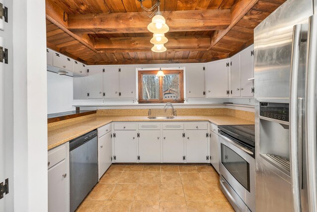 kitchen with stainless steel appliances, sink, wooden ceiling, white cabinets, and hanging light fixtures