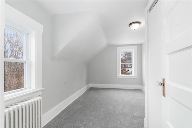 additional living space featuring radiator, carpet floors, and lofted ceiling