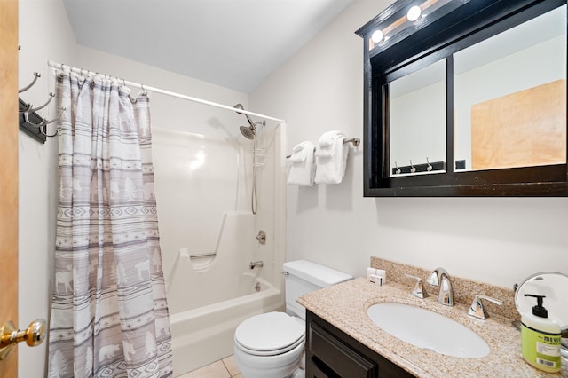 full bathroom featuring tile patterned floors, vanity, toilet, and shower / tub combo with curtain