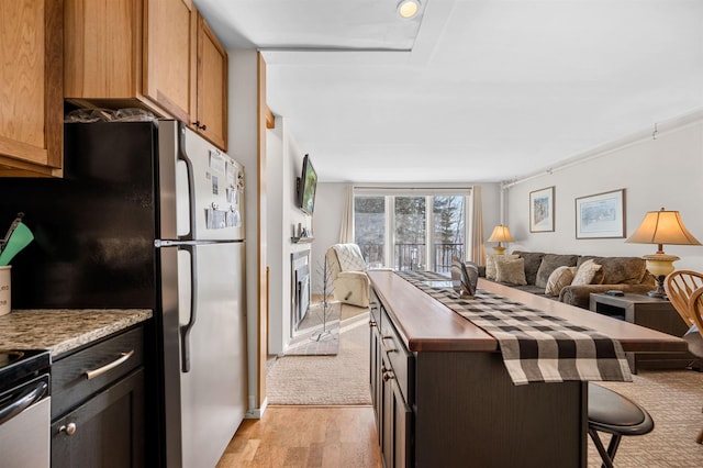 kitchen with dark brown cabinetry, light stone counters, light hardwood / wood-style floors, and appliances with stainless steel finishes