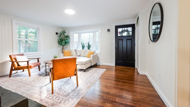 entrance foyer featuring a wealth of natural light, baseboards, and wood finished floors