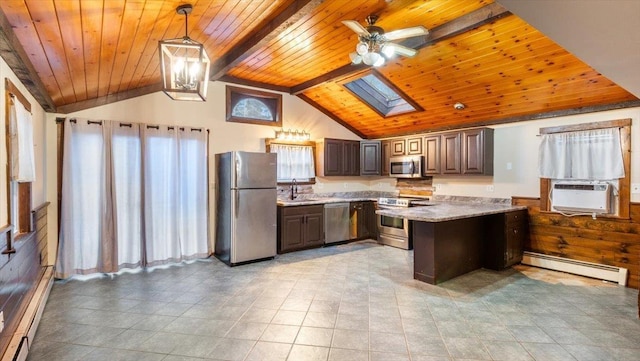 kitchen with vaulted ceiling with skylight, dark brown cabinetry, stainless steel appliances, baseboard heating, and hanging light fixtures