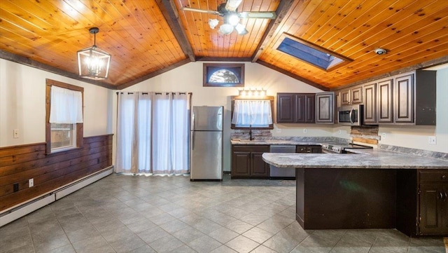 kitchen with pendant lighting, dark brown cabinetry, baseboard heating, and stainless steel appliances