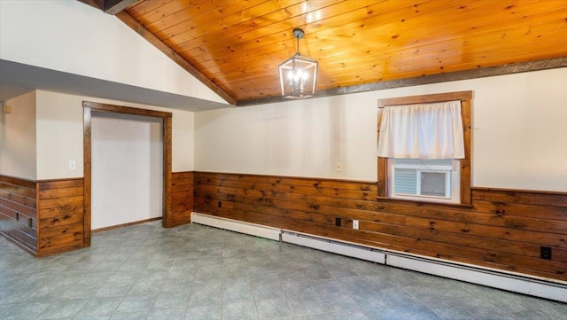 empty room with wood walls, vaulted ceiling with beams, a baseboard heating unit, and wood ceiling