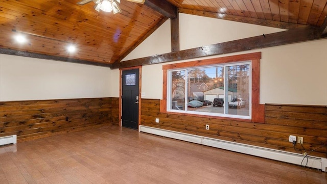 additional living space with wood walls, wood ceiling, beam ceiling, and a baseboard heating unit