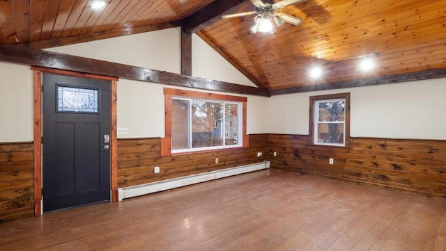 foyer entrance featuring wood-type flooring, a baseboard heating unit, and wood walls