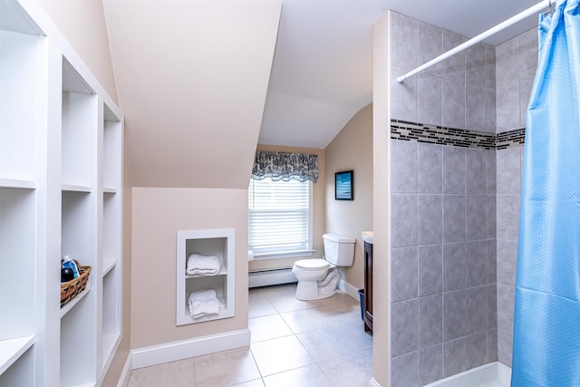 bathroom with a baseboard radiator, tile patterned flooring, toilet, curtained shower, and lofted ceiling