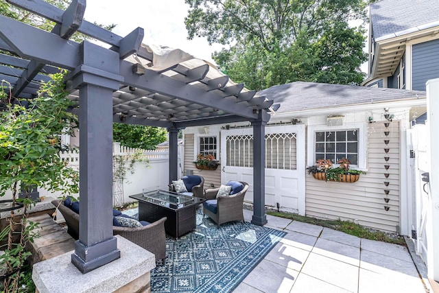 view of patio / terrace with outdoor lounge area and a pergola