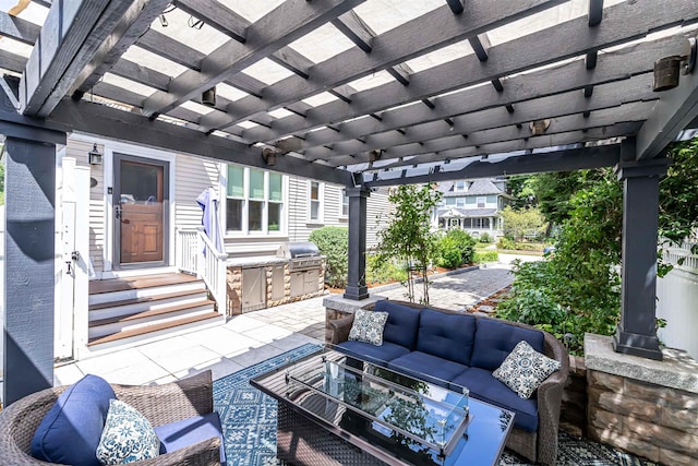 view of patio / terrace with an outdoor living space, grilling area, a pergola, and exterior kitchen