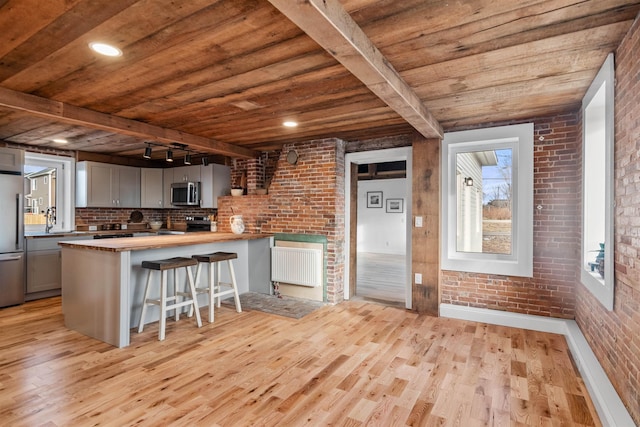 kitchen featuring gray cabinets, kitchen peninsula, wooden counters, and light hardwood / wood-style floors