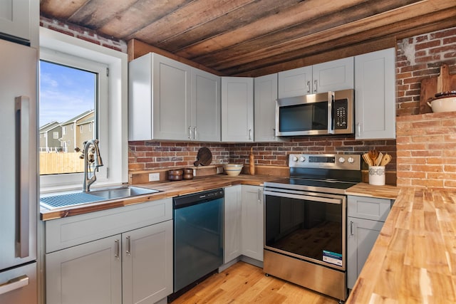 kitchen with sink, butcher block counters, stainless steel appliances, and wooden ceiling