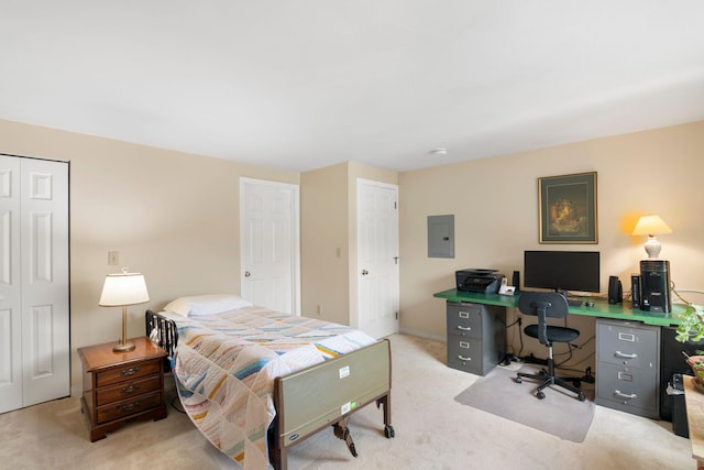 bedroom with electric panel and light colored carpet