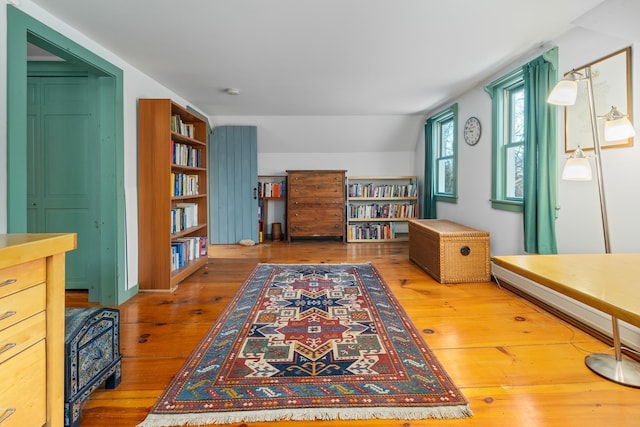 living area with wood-type flooring and vaulted ceiling