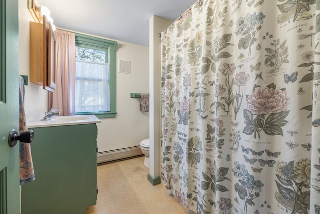 bathroom with vanity, a baseboard radiator, toilet, and a shower with shower curtain