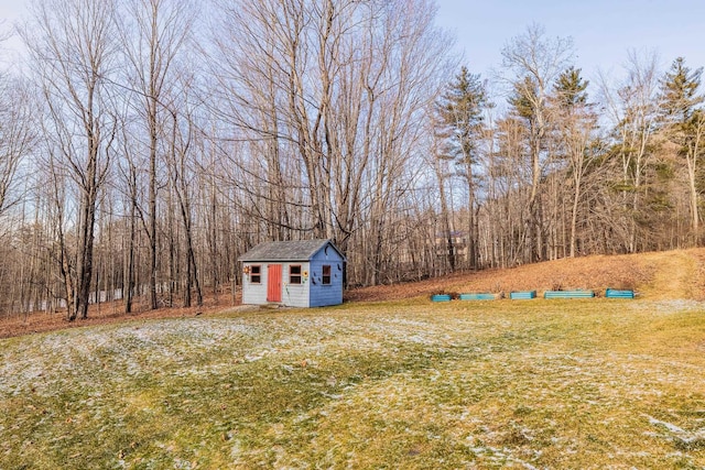 view of yard featuring a storage shed