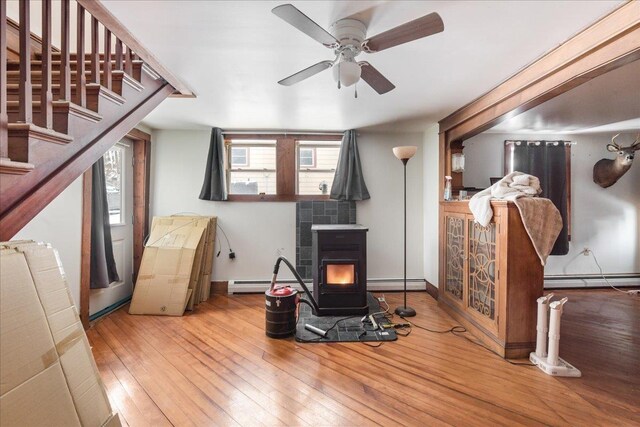 49 Eastern Ave, Richford, VT 05476 - interior space featuring hardwood / wood-style flooring, ceiling fan, a wood stove, and a baseboard heating unit