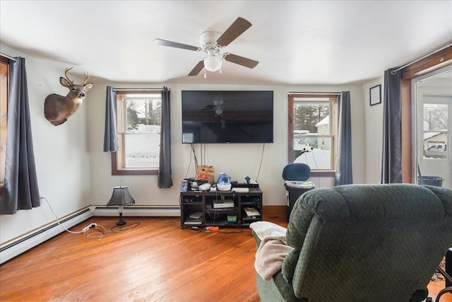 49 Eastern Ave, Richford, VT 05476 - living room featuring ceiling fan, wood-type flooring, a wealth of natural light, and a baseboard radiator